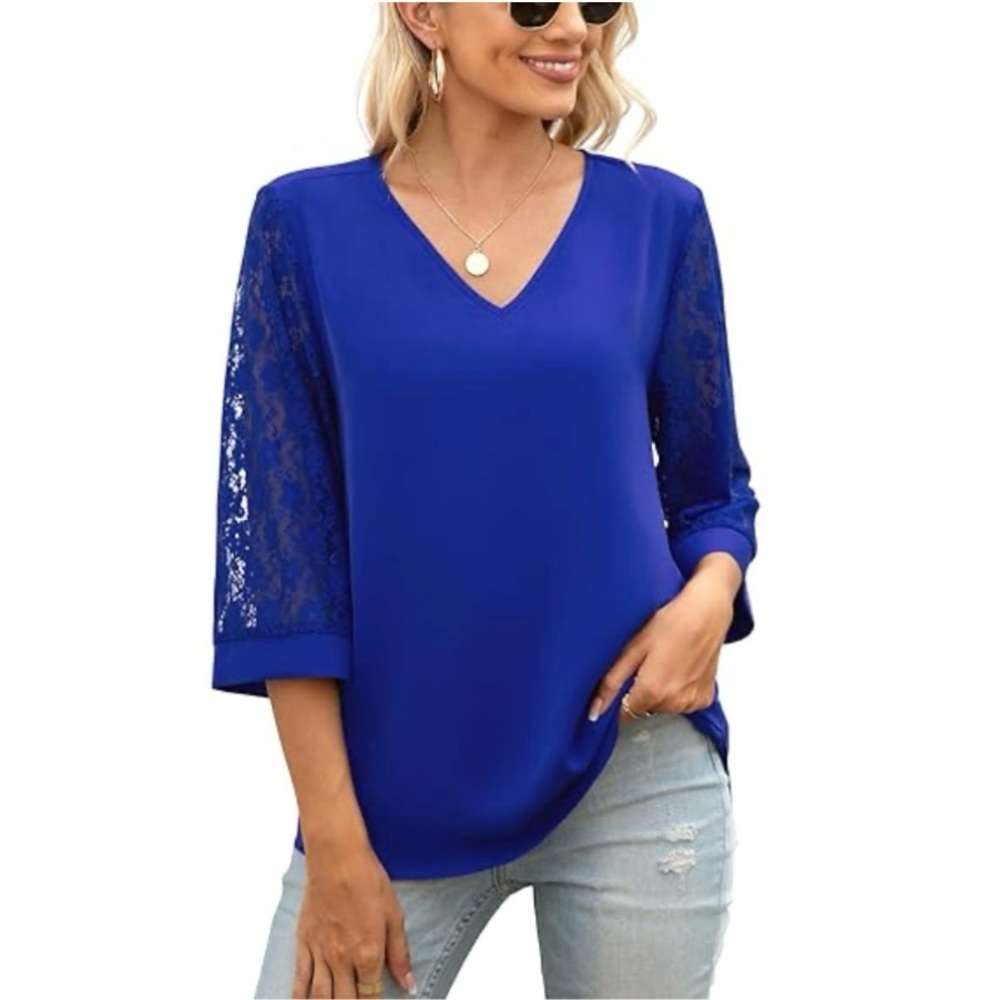 Women’s Royal Blue 3/4 Lace Sleeve V Neck Chiffon Blouse Size Medium